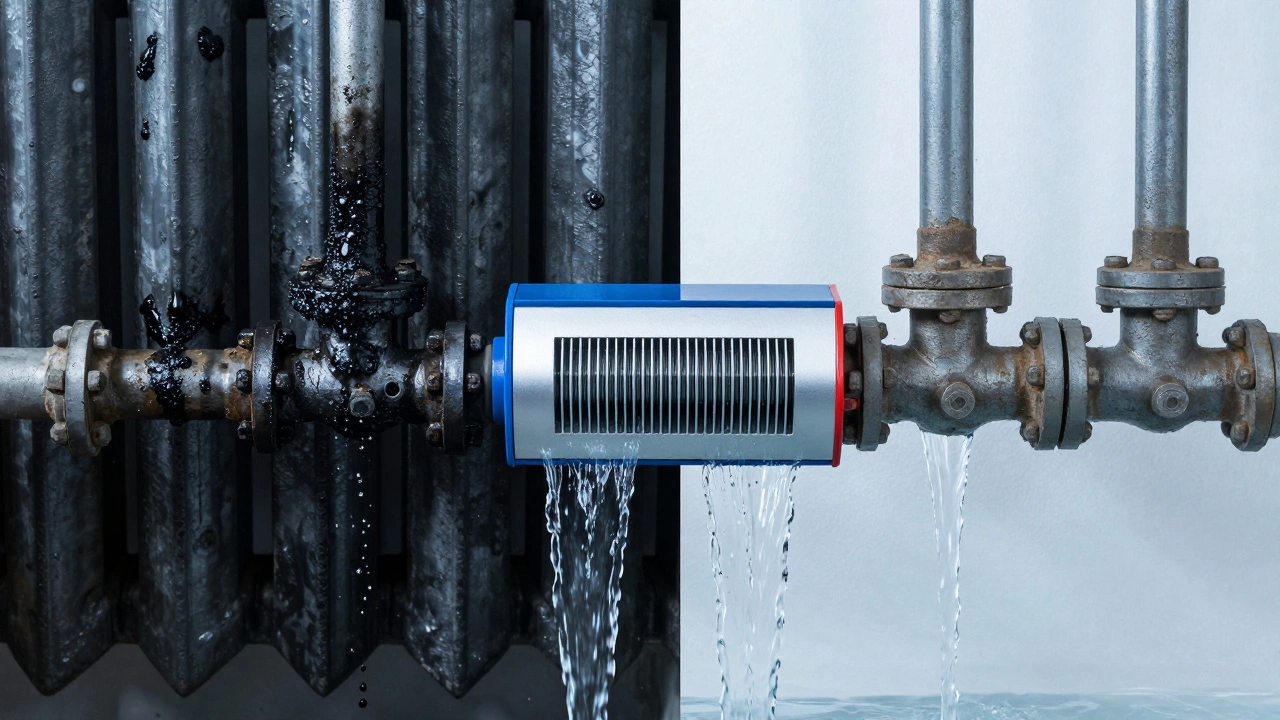 Comparison of sludge-filled radiator pipes versus clean pipes after a power flush.