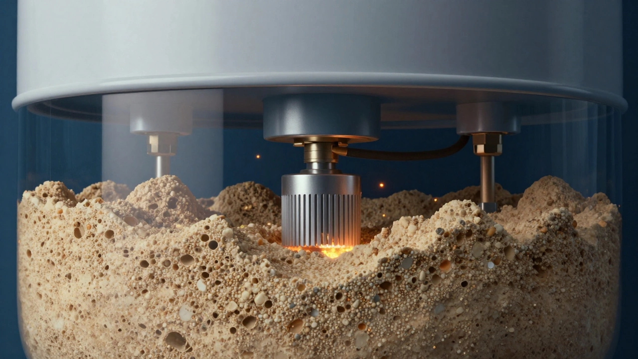 Cross-section of a water heater tank showing sediment build-up around the sensor