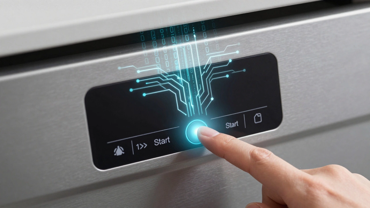 Finger pressing a dishwasher button with glowing digital circuit overlays