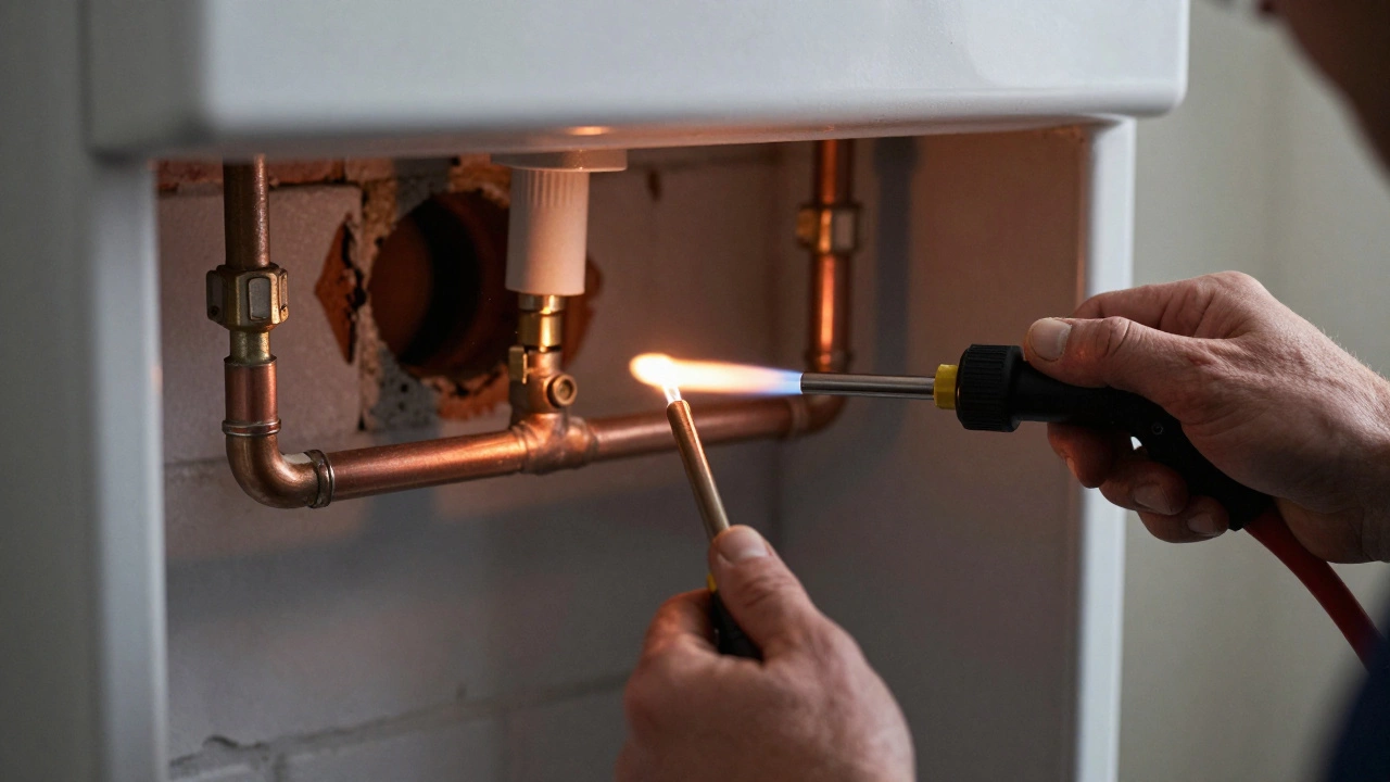 Gas engineer soldering copper pipes during a boiler installation in a brick wall.