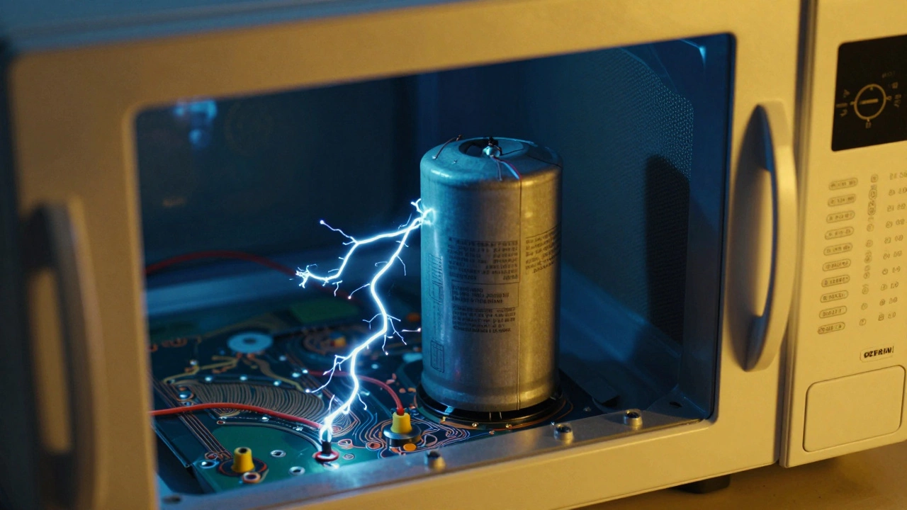 Internal microwave circuitry showing a high-voltage capacitor with electrical sparks