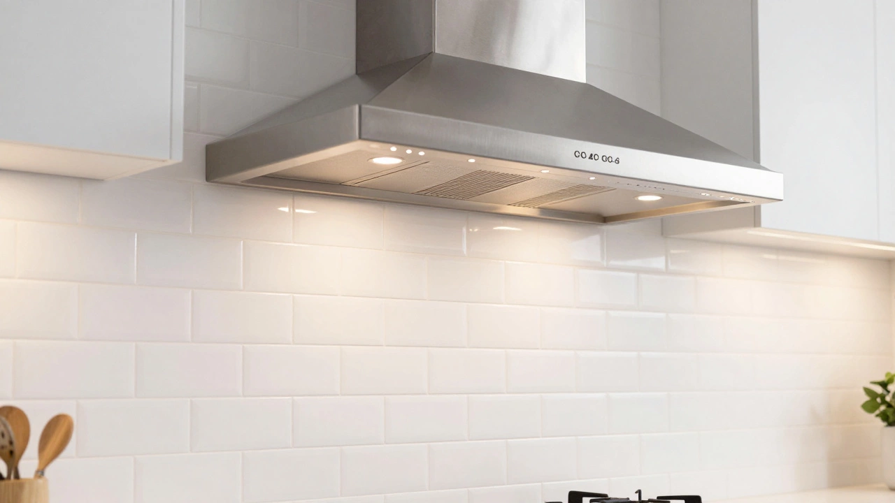 Modern stainless steel kitchen range hood installed against a white tile backsplash