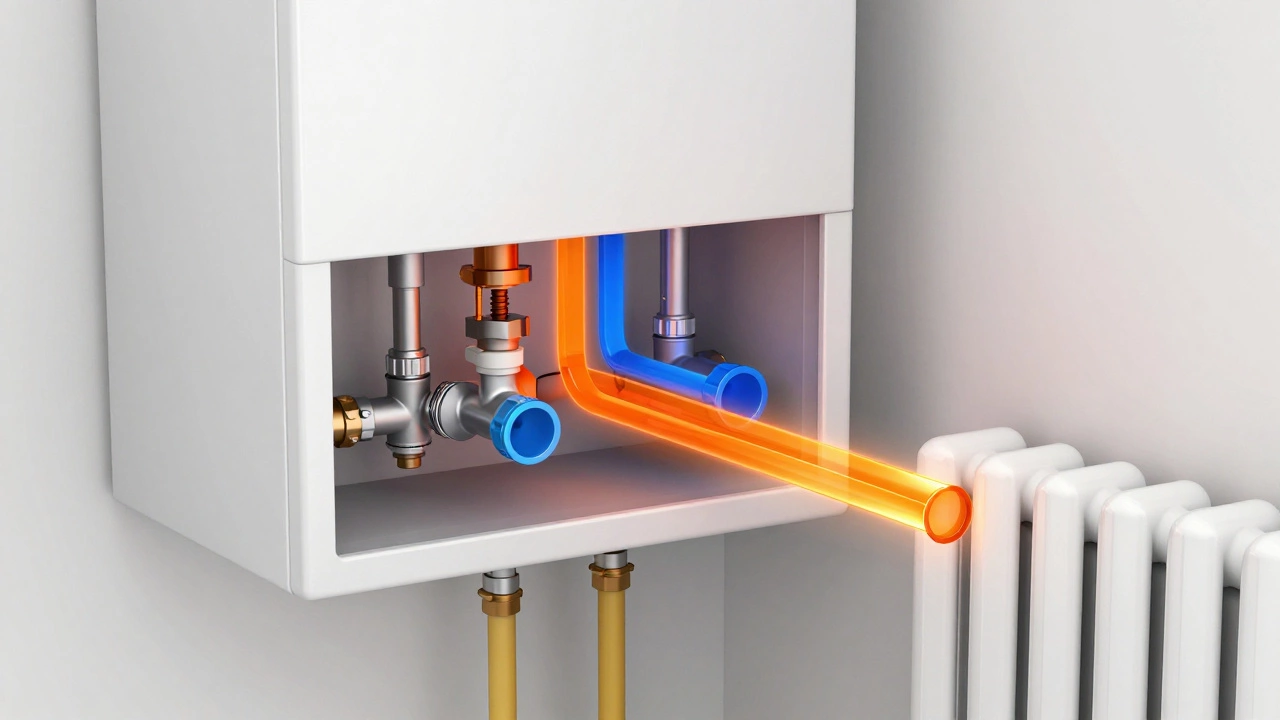 Technical illustration showing hot water being diverted from taps to radiators.