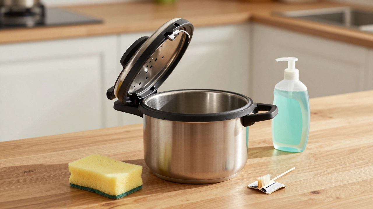Clean pressure cooker lid with sponge and toothpick, symbolizing maintenance and care.
