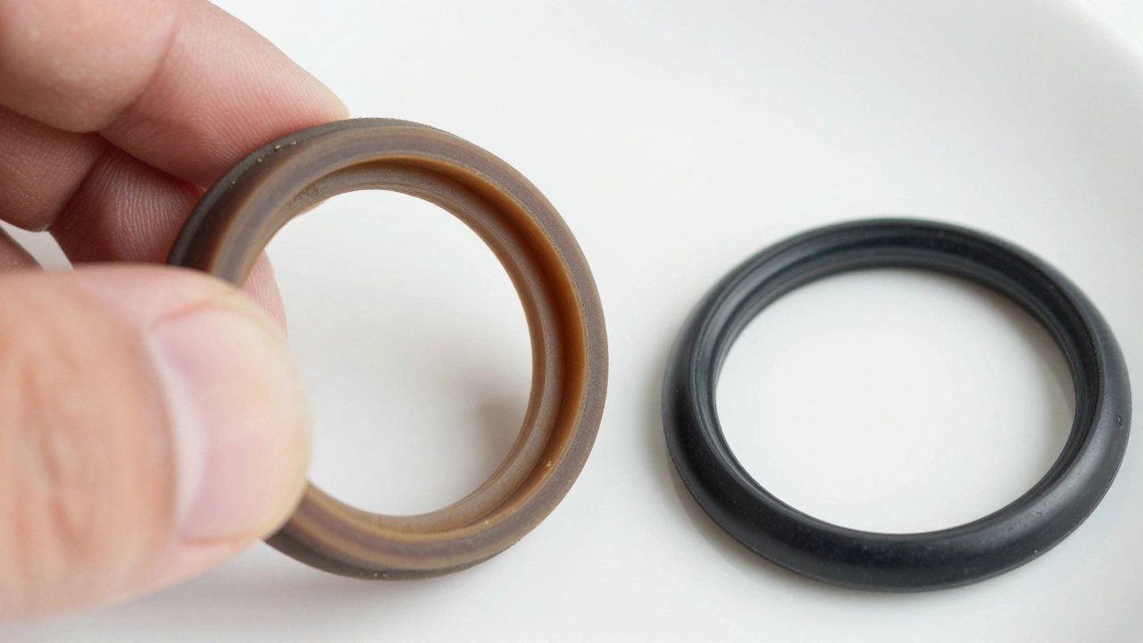 Close-up of a worn silicone gasket ring compared to a new one on a white surface.