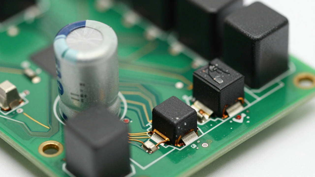 Close-up of burnt traces and bulging capacitor on PCB