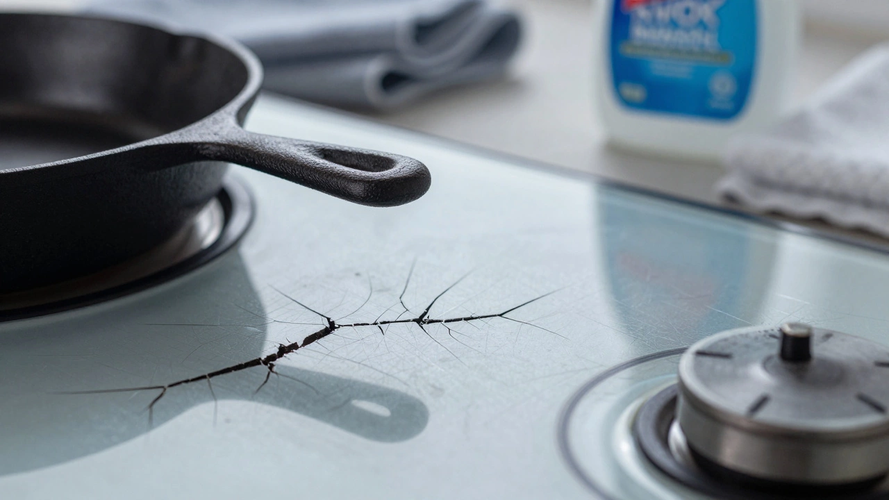 Close-up of cracked and scratched glass surface on an electric ceramic cooktop.