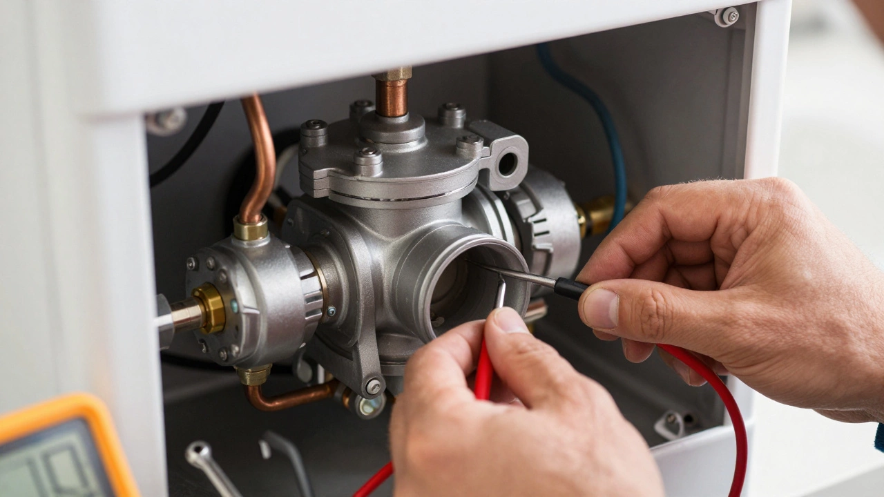 Close-up of engineer's hands repairing internal boiler components like pumps and pipes.