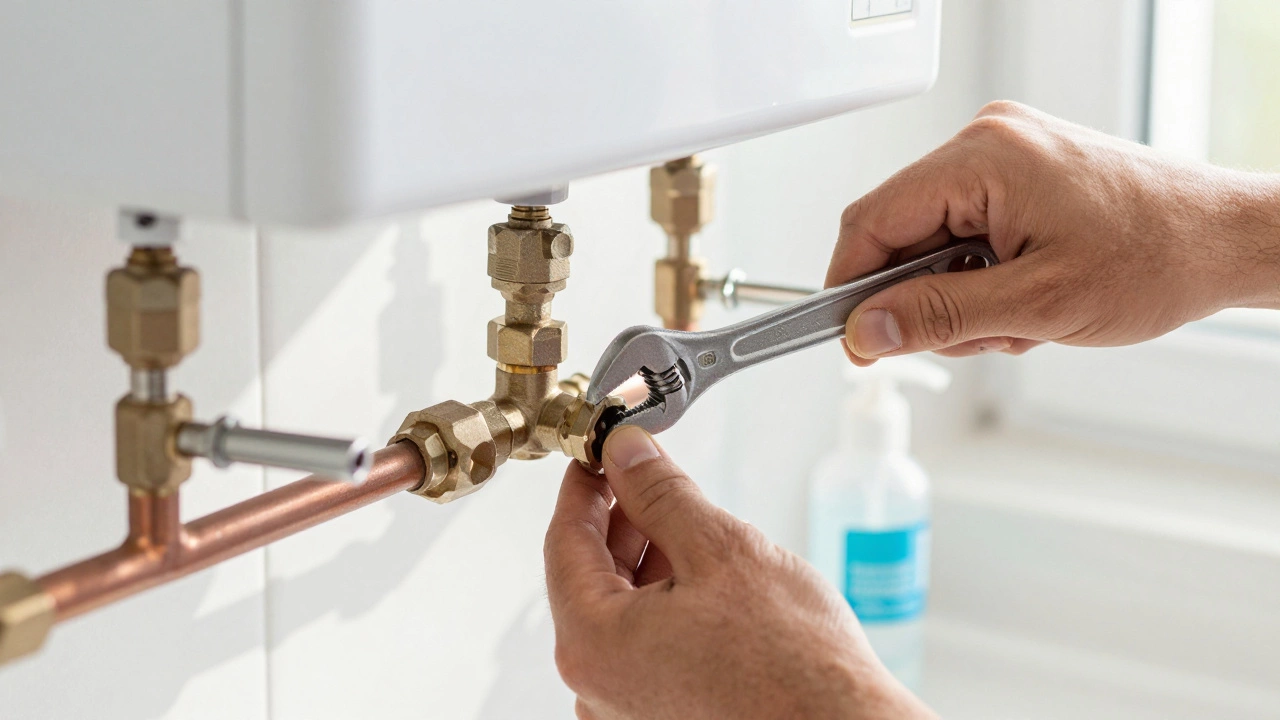 Close-up of plumber checking gas pipe connections with tools.