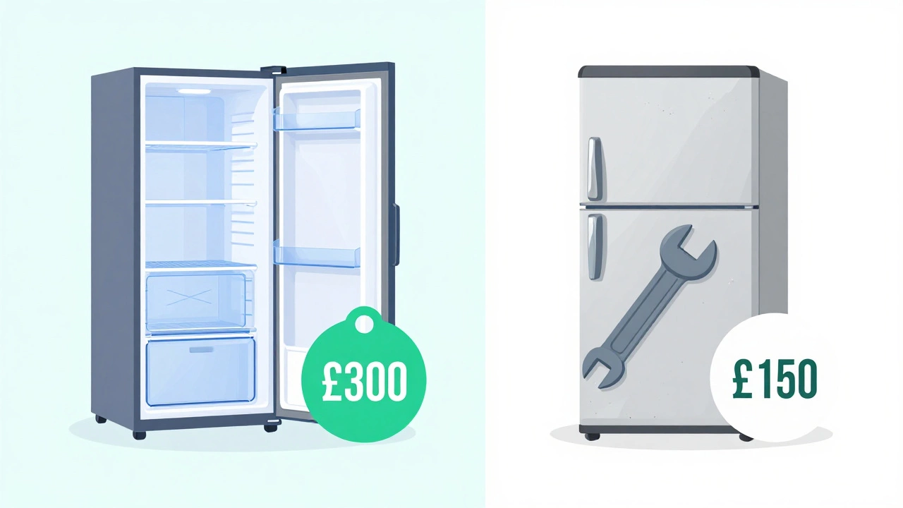 Comparison graphic of repairing versus replacing a freezer