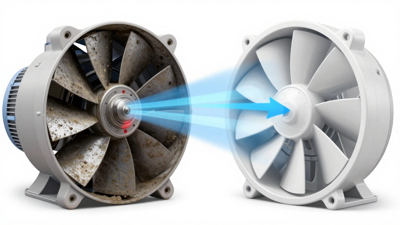 Comparison of clogged versus clean fan internal blades