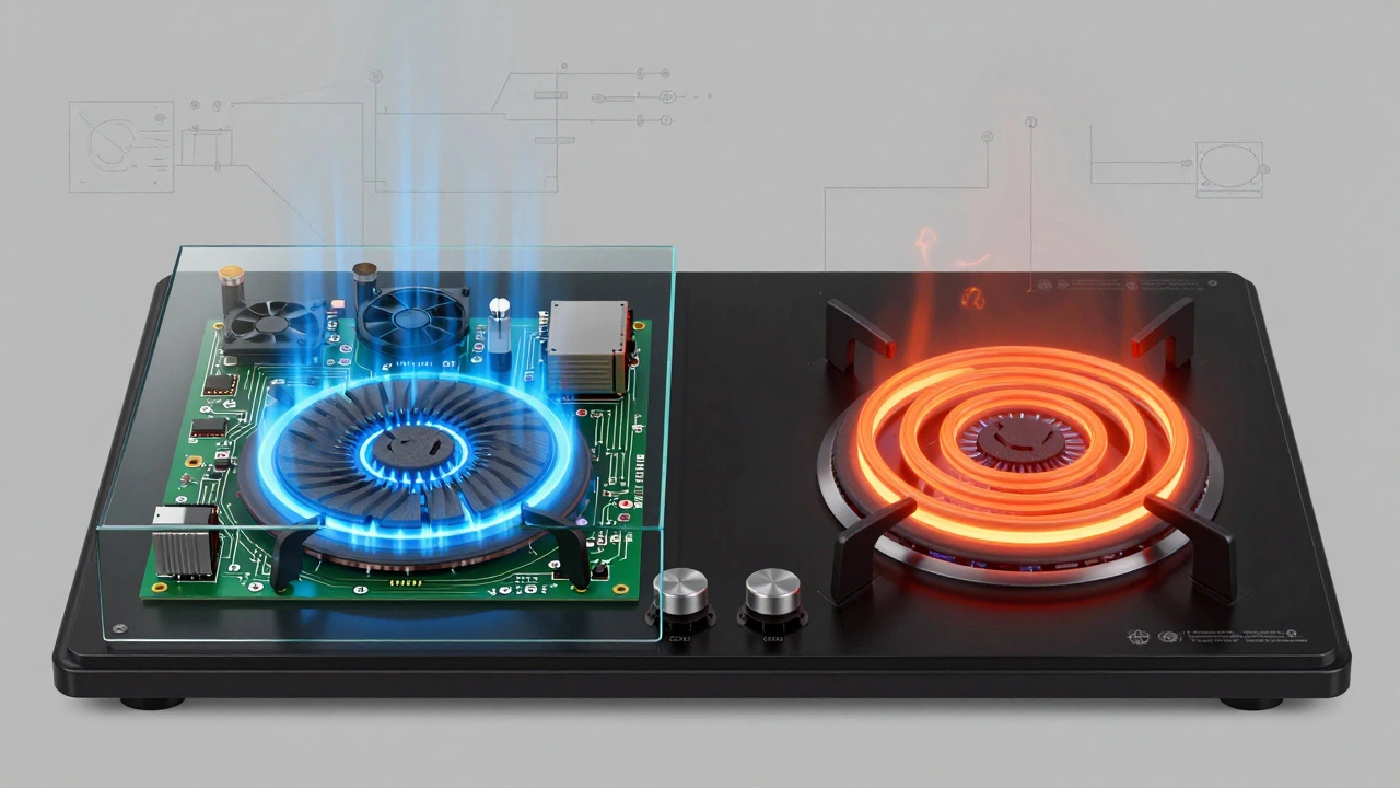 Cross-section comparing induction and radiant coil hob internal mechanisms.