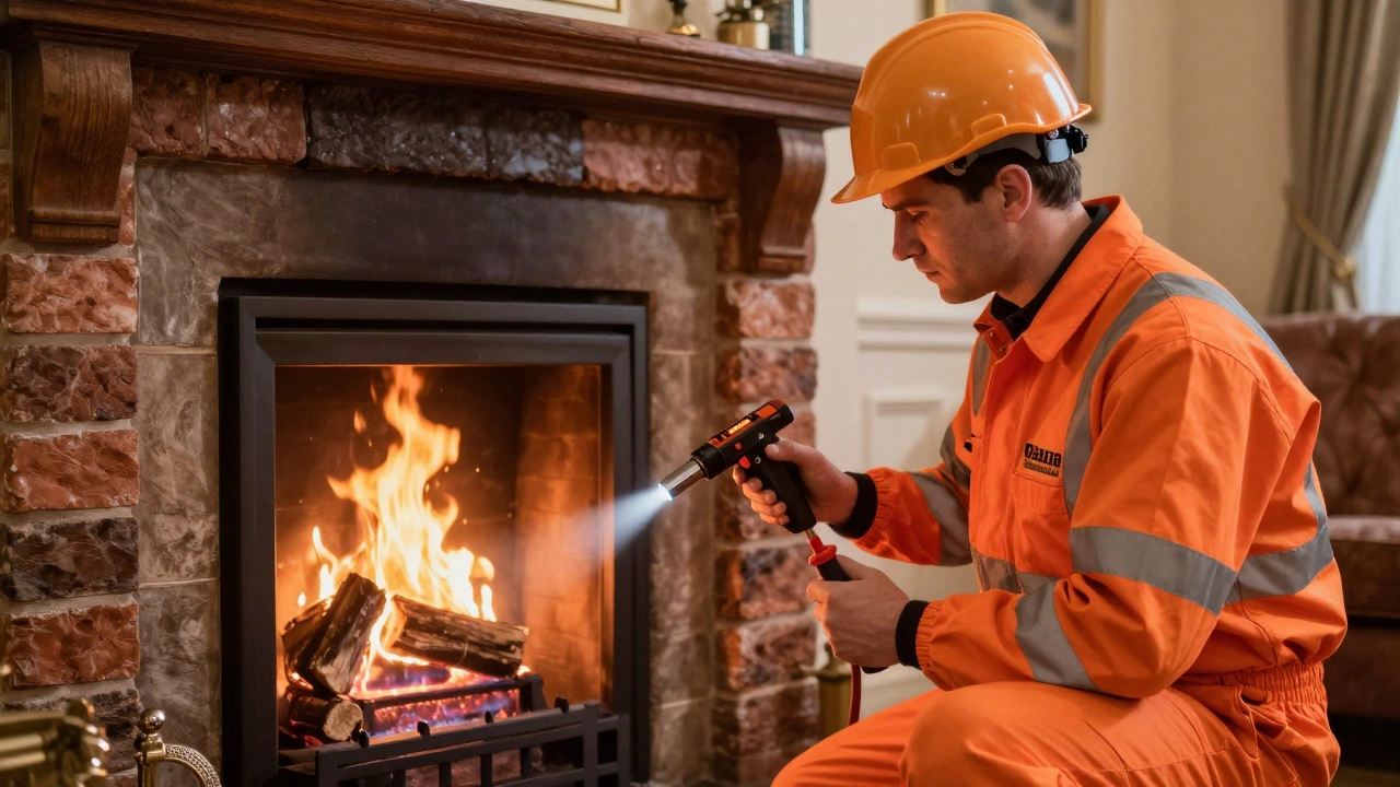 Engineer inspecting a gas fire with safety equipment