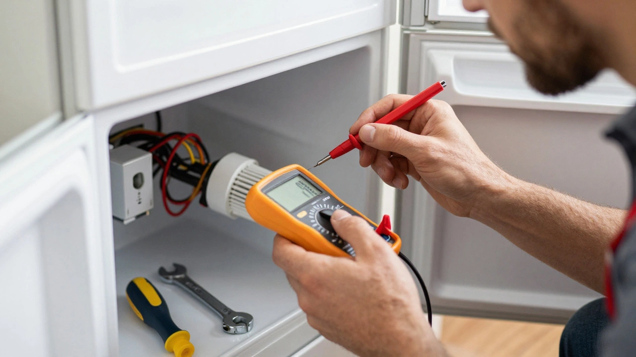 Engineer testing freezer wiring with a multimeter