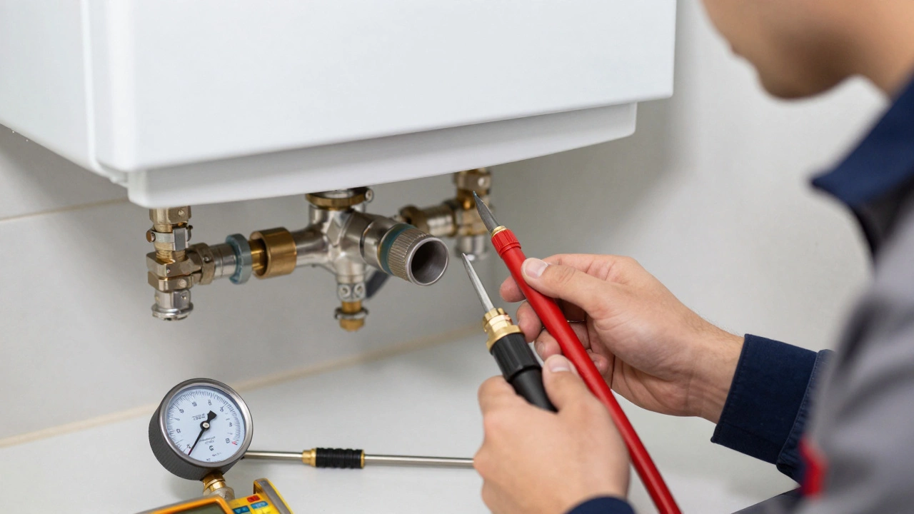 Engineer using flue gas analyzer on a modern boiler