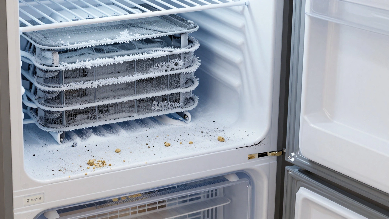 Frost buildup and dirty coils showing signs of freezer failure