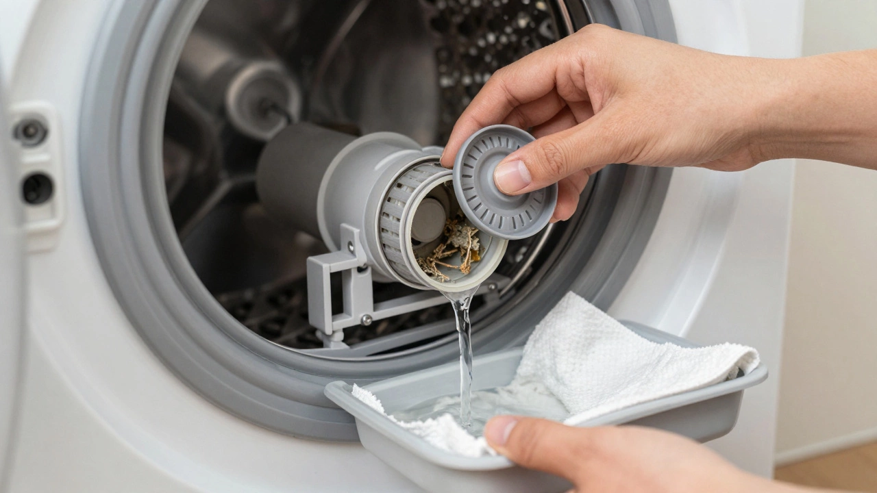 Hands cleaning a washing machine drain filter with water draining into a tray and towels.