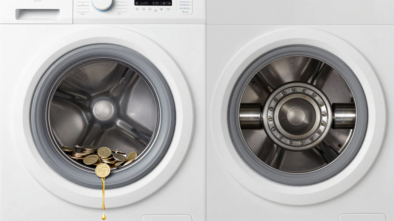 Illustration showing coins in a door seal and worn bearings inside a washing machine drum.