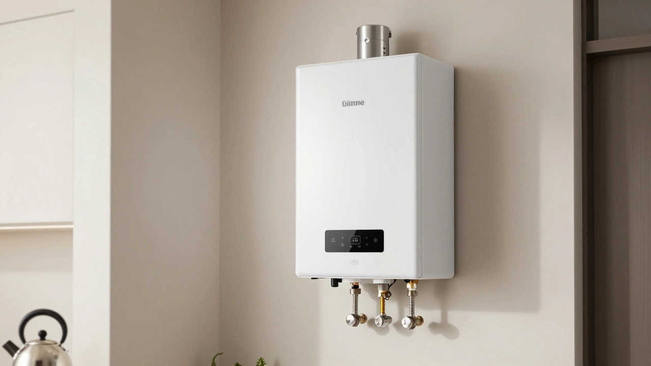 New tankless water heater installed on a clean utility wall.