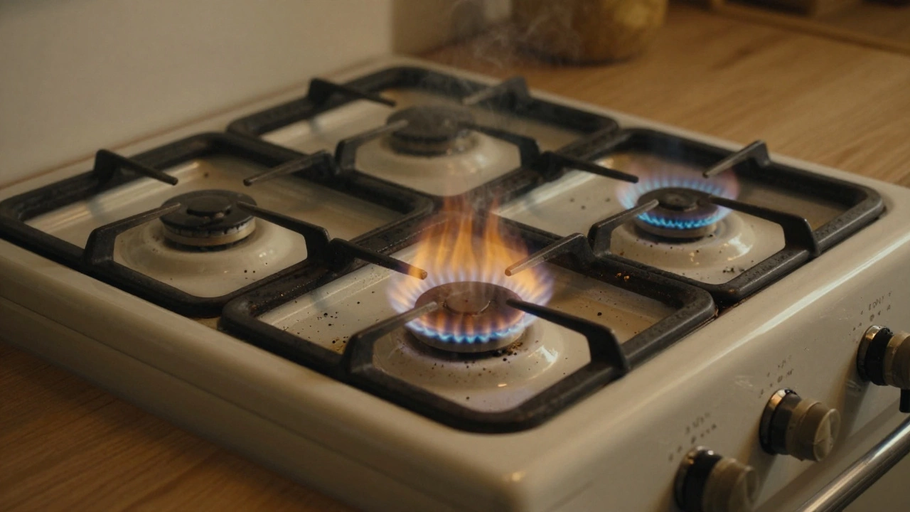 Old gas cooker with yellow flames indicating poor combustion
