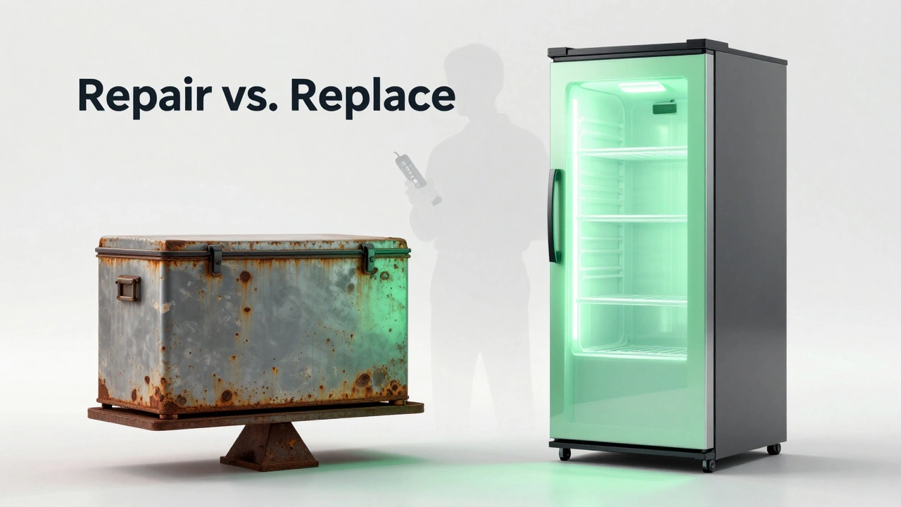 Old rusty freezer weighed against a new energy-efficient model