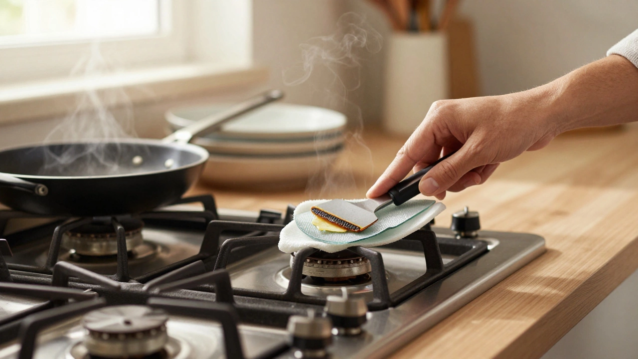 Person carefully cleaning a ceramic hob with a scraper in a sunny kitchen.
