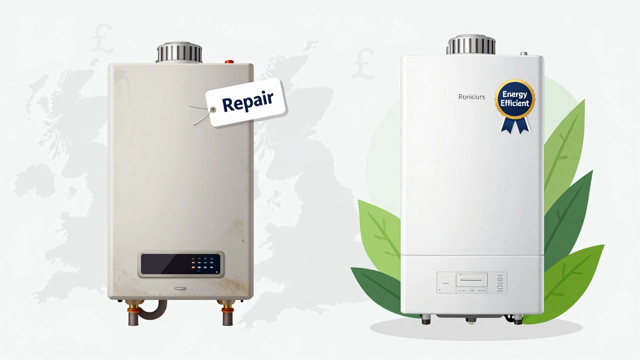 Split concept art comparing old boiler repair costs versus new efficient model installation.