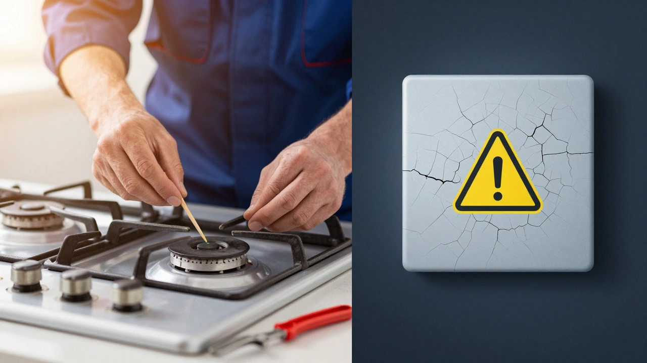 Split image showing hob maintenance repair versus damaged unit needing replacement.