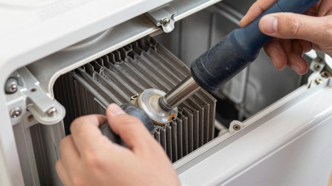 Technician cleaning dust from appliance condenser coils with a vacuum.