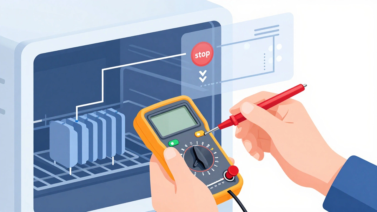 Technician testing oven element voltage with multimeter