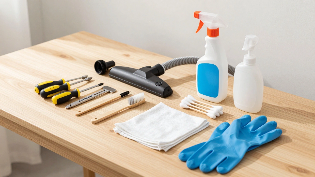 Tools laid out for cleaning a bathroom ventilation fan