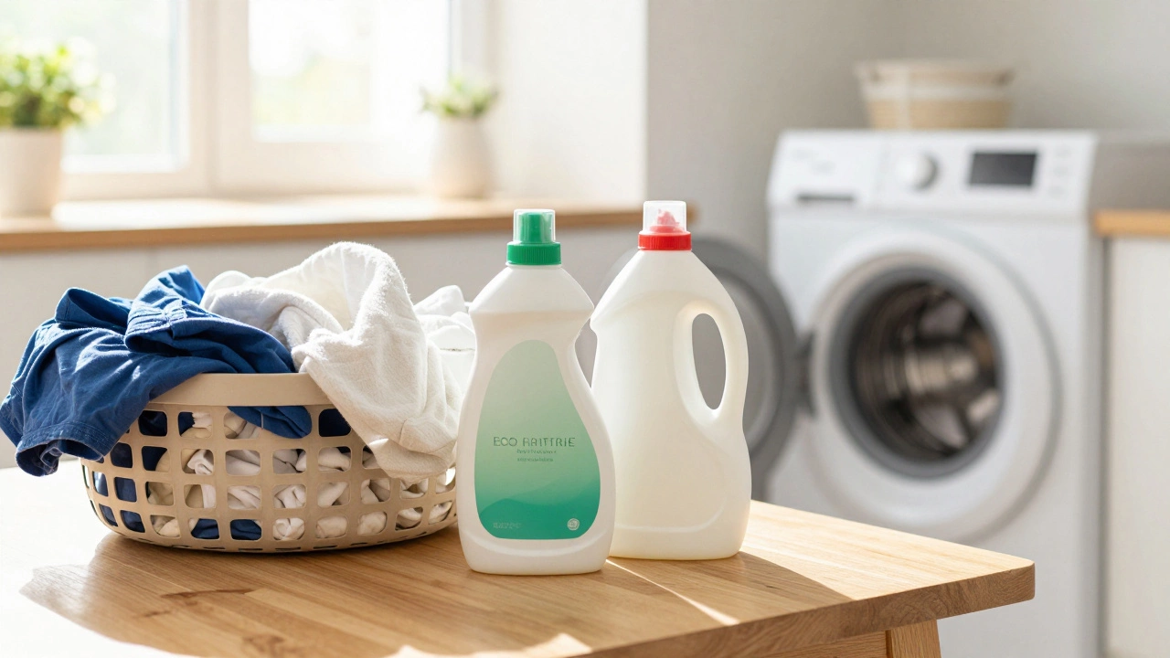 Clean laundry basket with detergent and vinegar on kitchen table