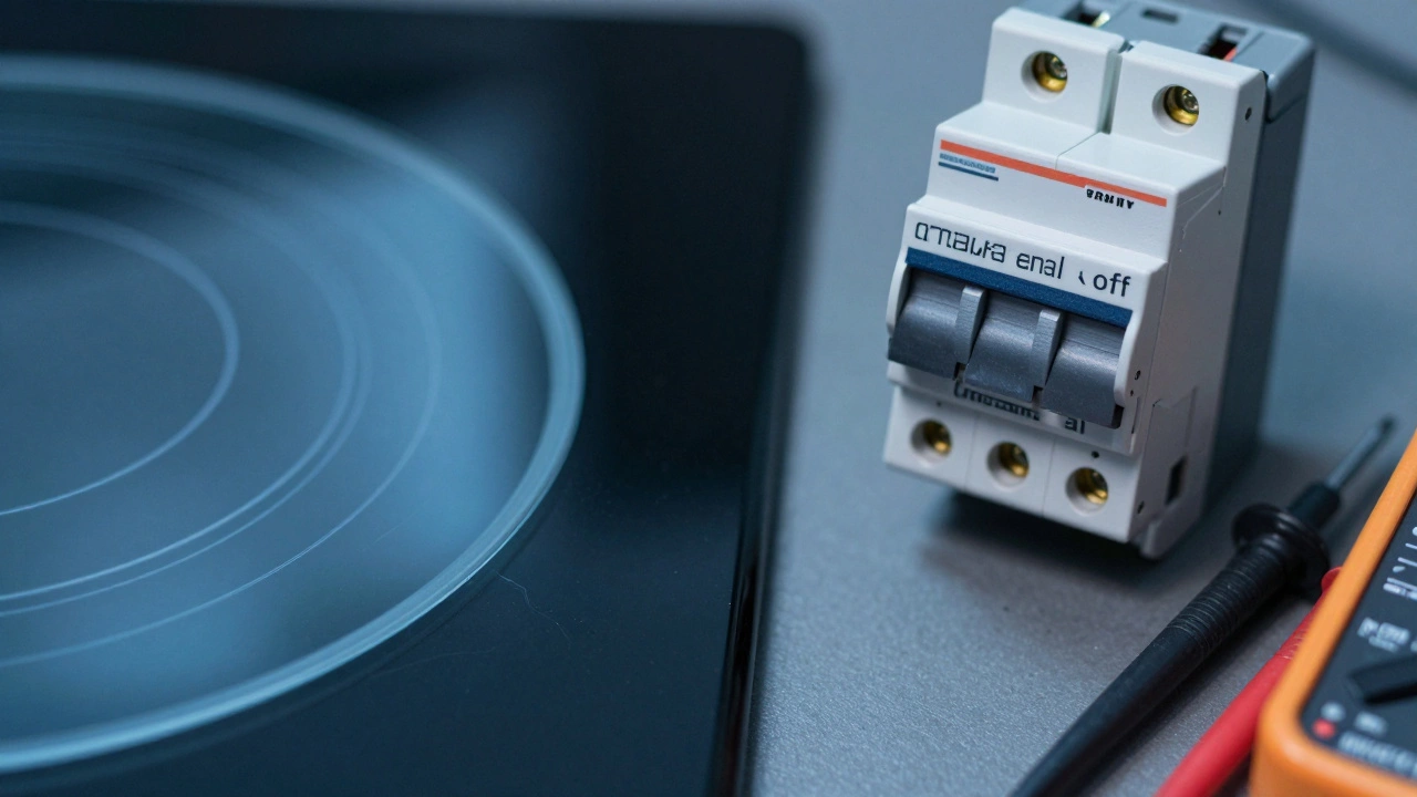 Close up of cracked ceramic hob and tripped circuit breaker switch