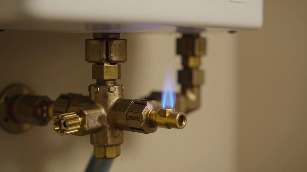 Close-up of gas water heater pilot light and thermocouple sensor