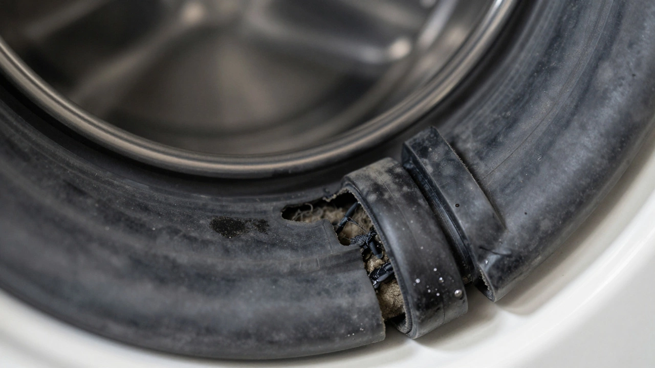 Close up of mouldy and cracked washing machine door seal