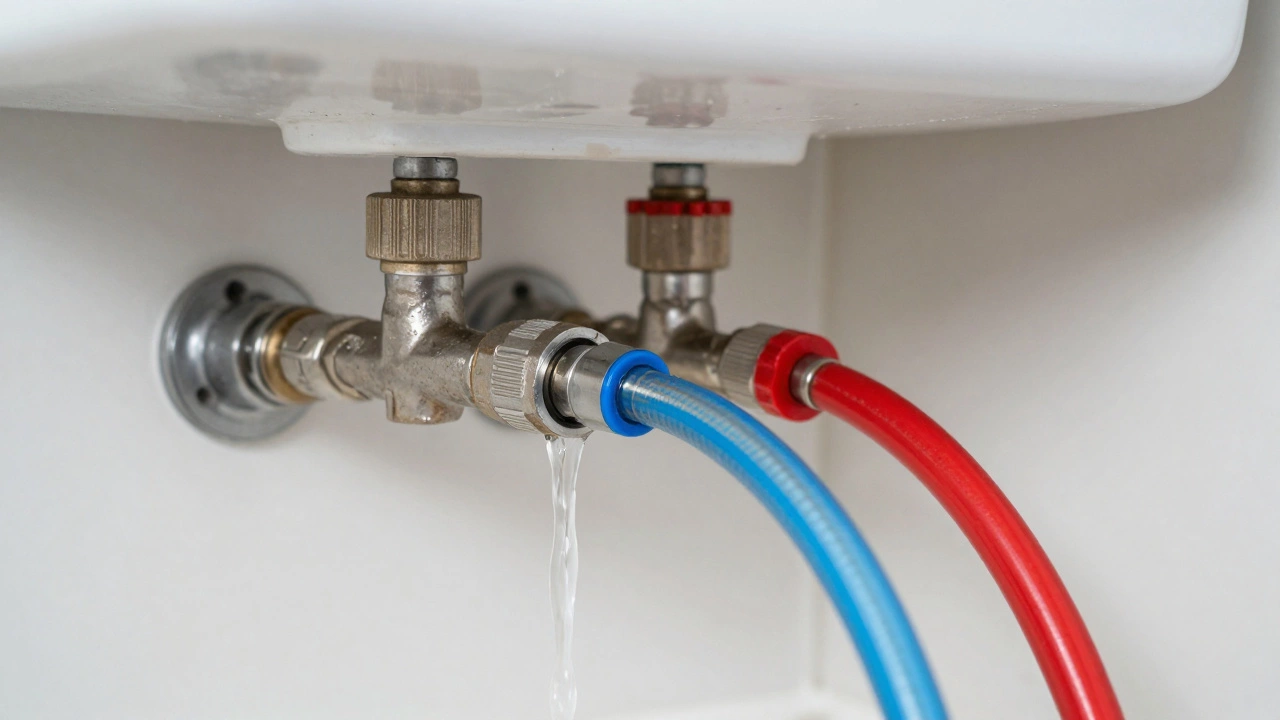 Close up of washing machine cold and hot water inlet hoses