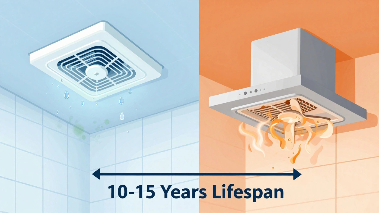 Comparison of bathroom moisture damage vs kitchen grease buildup on fans