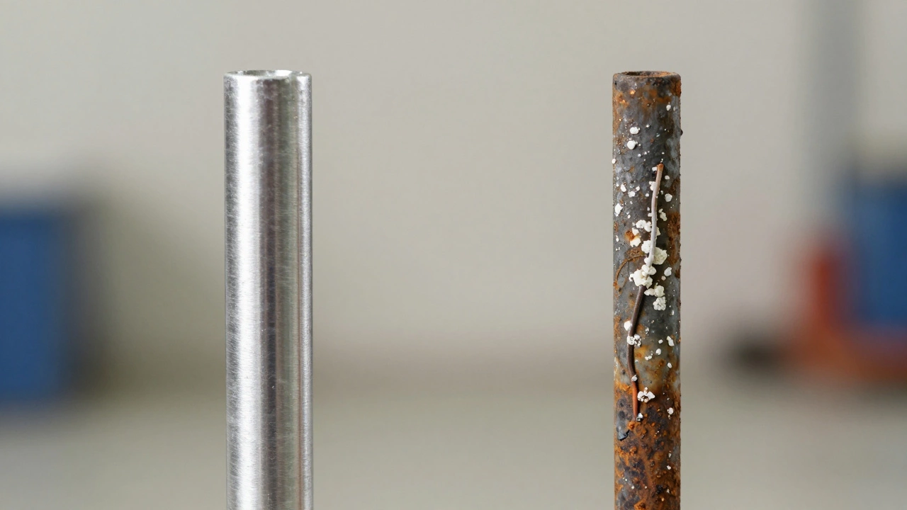 Comparison of new shiny anode rod versus old corroded anode rod