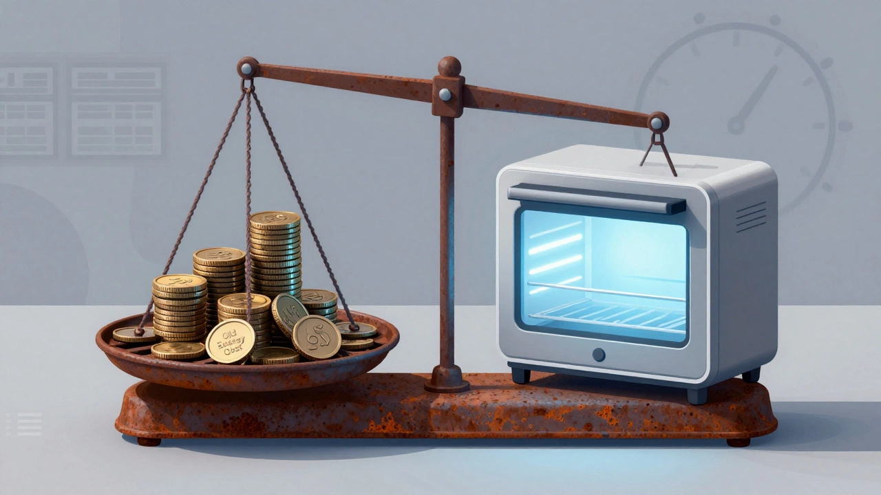 Conceptual image weighing old inefficient oven costs against modern energy-efficient models.