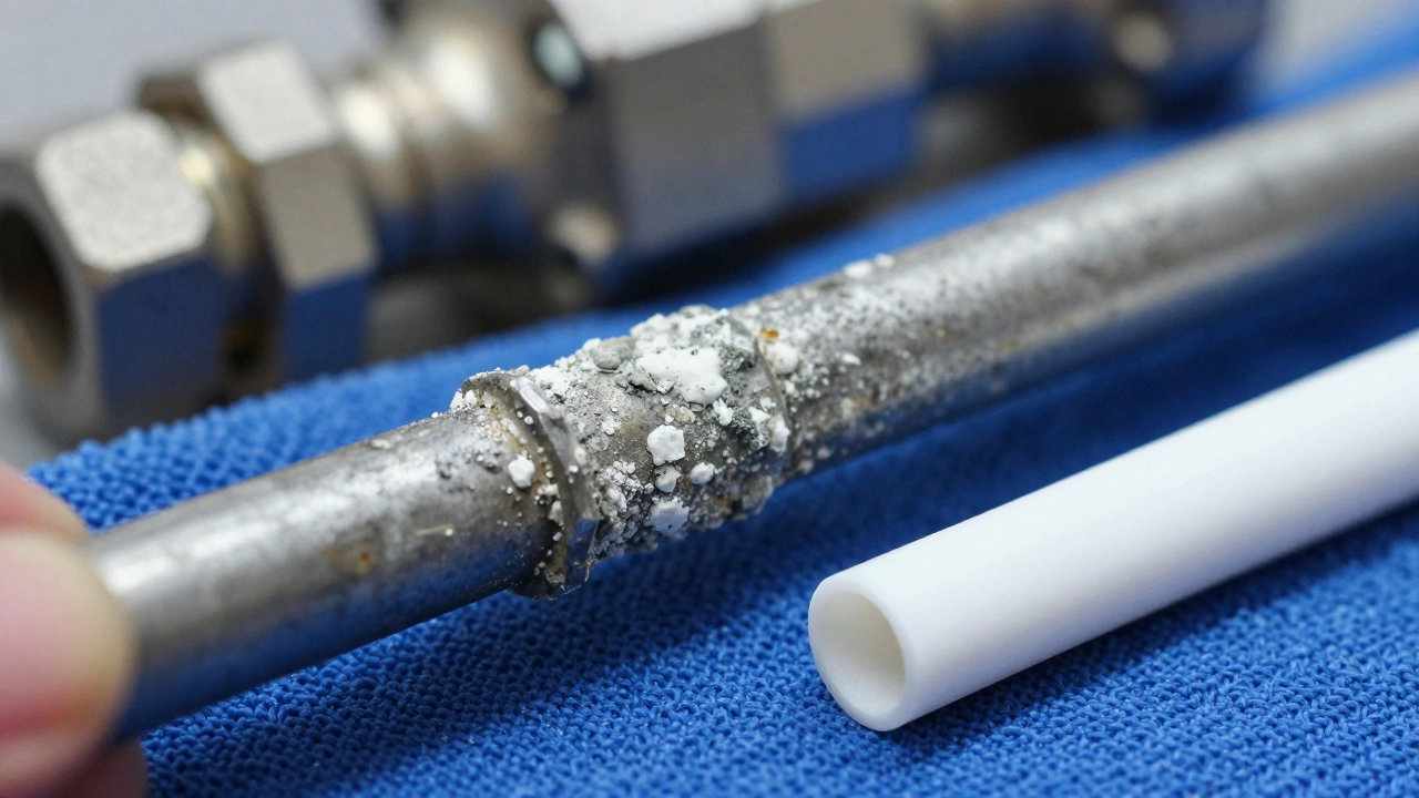 Corroded anode rod compared to a new one on a blue workshop cloth