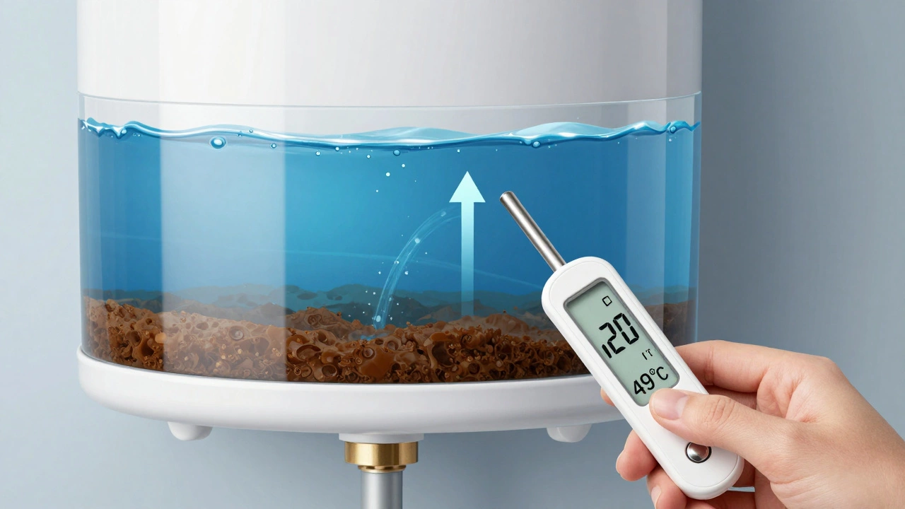 Cross-section diagram of water heater showing sediment and temperature check
