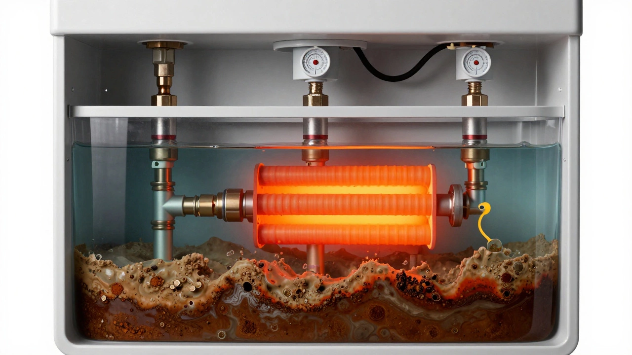 Cutaway diagram showing sediment buildup and overheating heating elements inside a water heater.