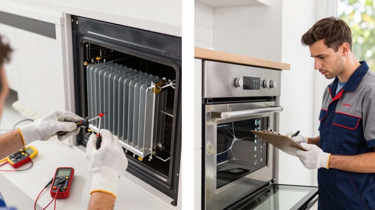 DIY oven repair vs professional engineer inspecting old appliance