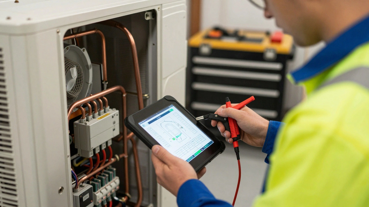 Engineer diagnosing heat pump internals with tablet