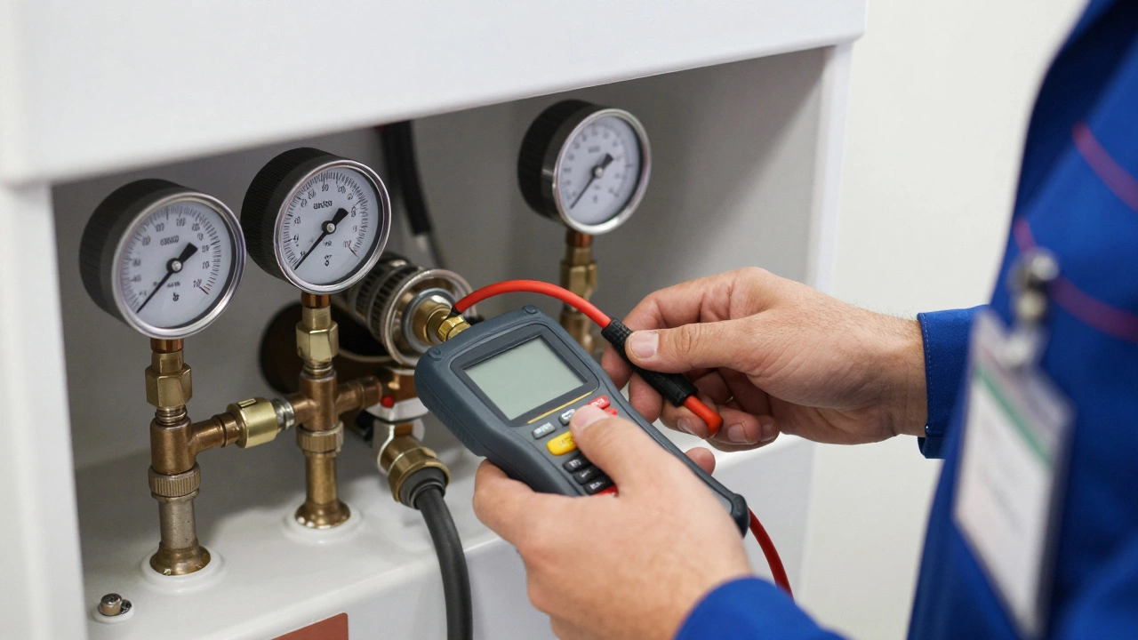 Engineer using diagnostic tools to service a gas boiler professionally