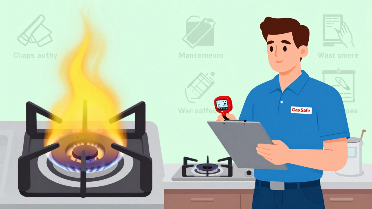 Gas burner with yellow flame vs professional engineer checking cooker