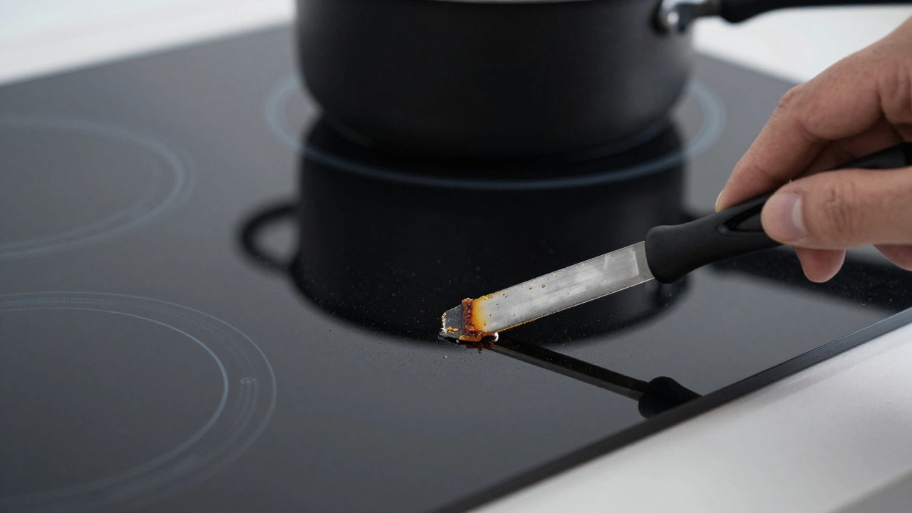 Hand scraping burnt residue off a black ceramic glass hob surface