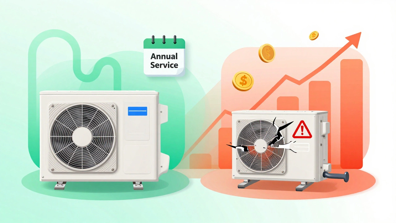 Illustration comparing heat pump maintenance vs repair costs