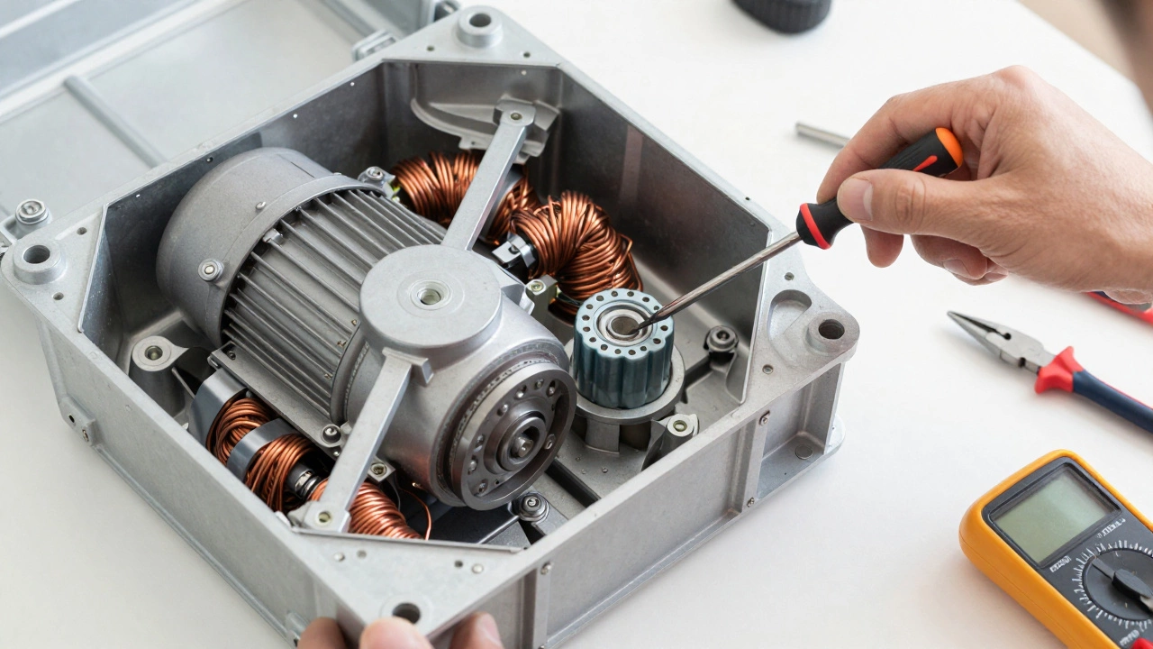 Internal motor components of an extractor fan being inspected for repair