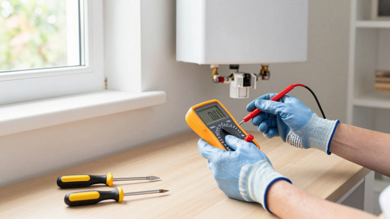 Person using a multimeter to test a water heater thermostat component on a workbench.